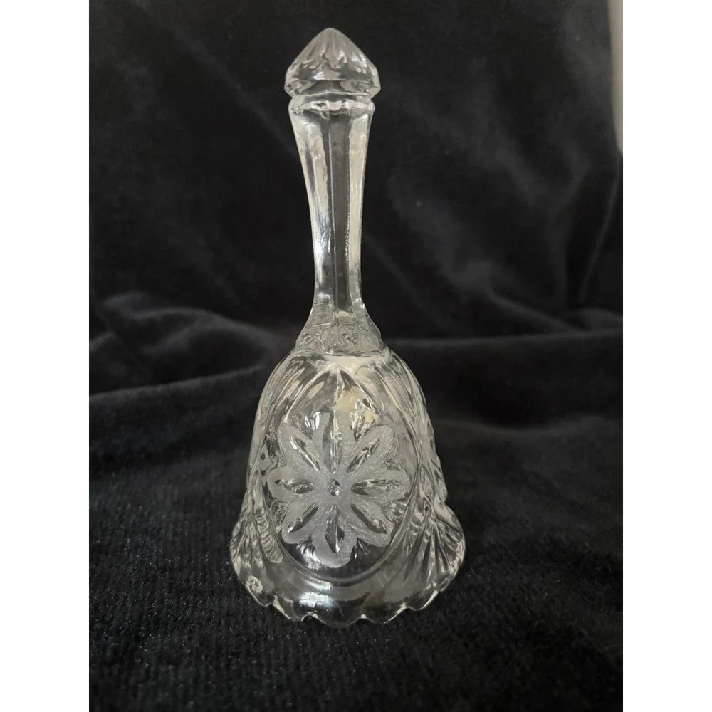 Unique vintage crystal cut glass bell with etched daisies.  Sawtooth bottom. 5